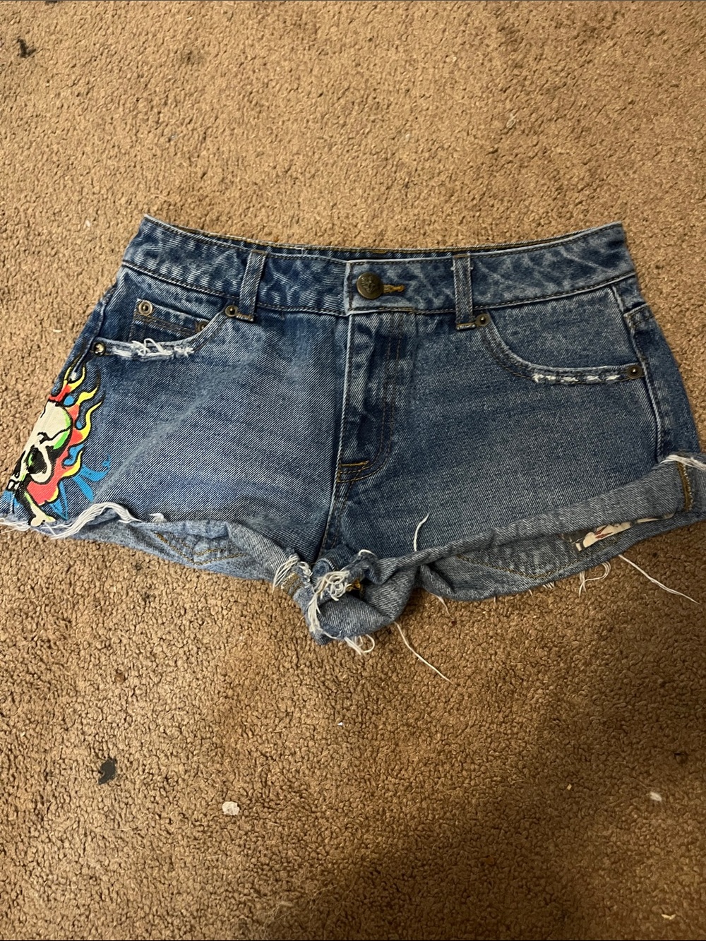 Ed Hardy Dark Blue Denim Logo Cutoff Shorts with Colorful Side Graphic - Picture 6 of 7